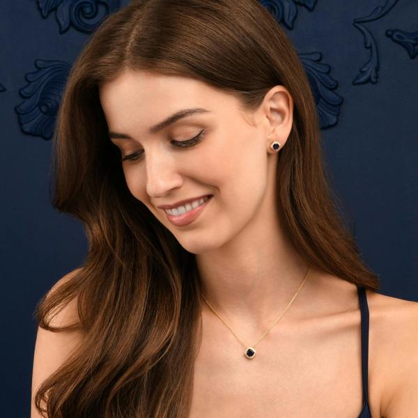 namana Gold Plated Sterling Silver Blue Cubic Zirconia Cushion Halo Stud Earrings