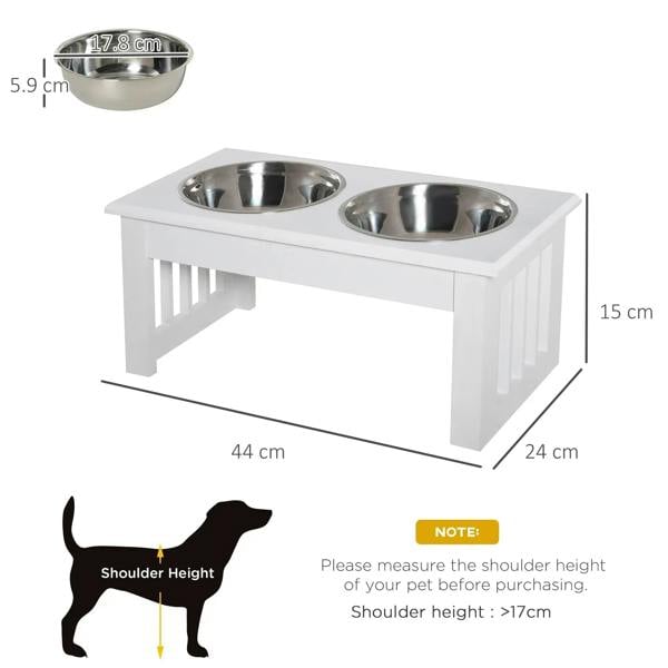 White raised dog feeding stand with two stainless bowls, size diagram