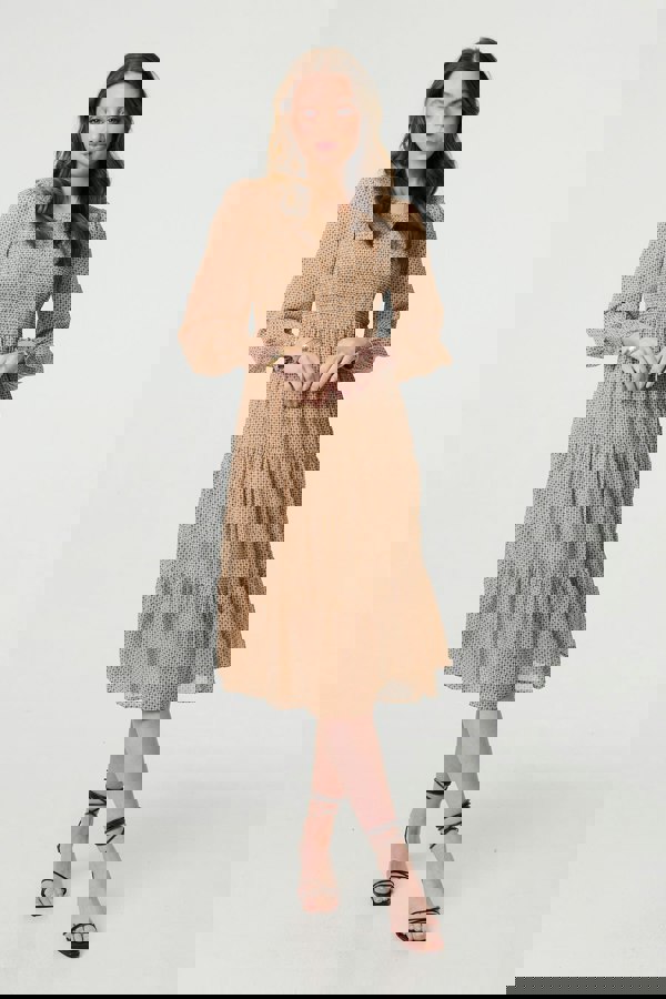Beige | Dot Print Semi Sheer Tiered Midi Dress
