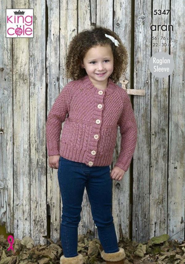 King Cole Fashion Aran Knitting Pattern 5347, Cardigans, Sweaters for Kids, 22 - 30 Inches