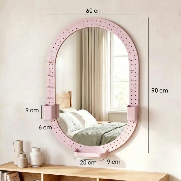 Oval Wall Mirror, 60 x 90 cm Decorative Hanging Mirror with Pegboard Frame, Wall-Mounted, Pink