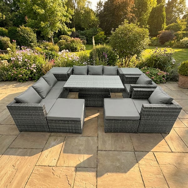 Fimous 10 Seater Rattan Garden Furniture Set with Dining Table, 2 Sofas, 2 Side Tables, 2 Armchair, 2 Stools - Dark Grey Mixed