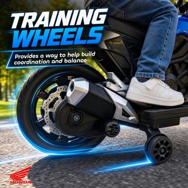 Licensed Honda 12V Kids Electric Motorbike with Training Wheels, Soft Start, Headlights, Music for 3-6 Years, Blue