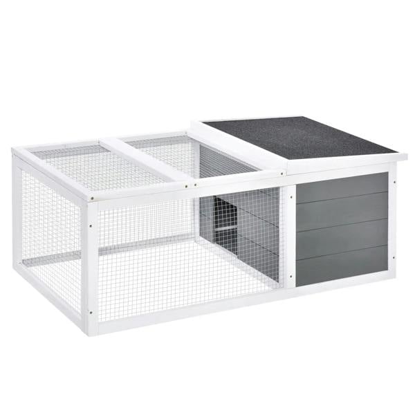 White and grey small animal hutch with wire mesh run and openable roof panel