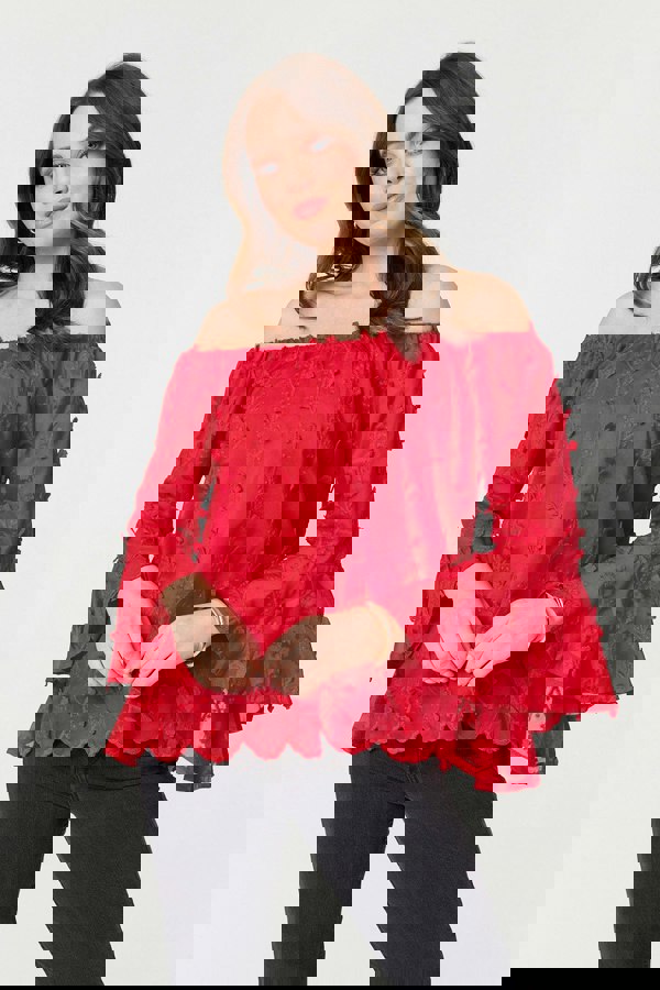 Red | Textured Semi Sheer Bardot Blouse : Model is 5'9"/175 cm and wears UK8/EU36/US4/AUS8
