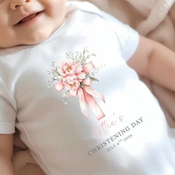 Personalised Flower Cross Christening Baby Grow, Vest or Bib with Name