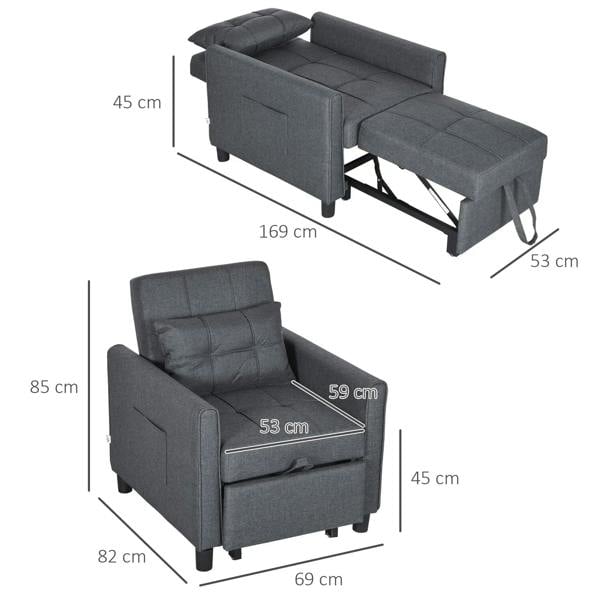 Grey chair bed with adjustable backrest and dimensions shown in diagram