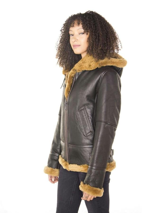 Infinity Leather Womens Hooded Sheepskin Flying Leather Jacket-Orford