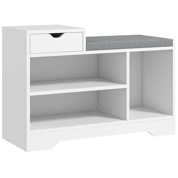 White shoe bench with gray cushioned top, open shelves, and a pull-out drawer