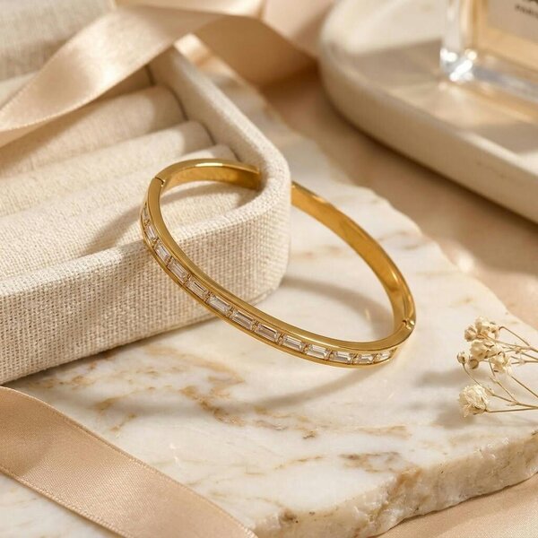 The Colourful Aura 18ct Gold Plated Clear Baguette Crystal Hinged Bangle Bracelet