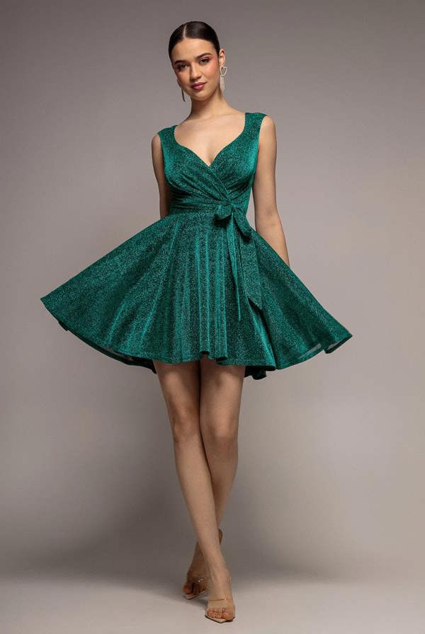 Cross Over Sleeveless Mini Skater Dress - Emerald Green DR1891BB