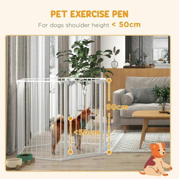 White pet exercise pen with tall bars and door; height guide for dogs