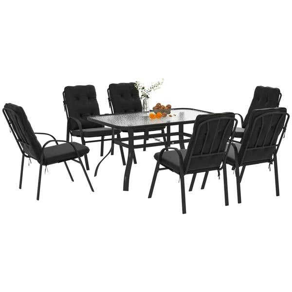 Black outdoor dining set: glass-top table with six padded chairs, tufted backs