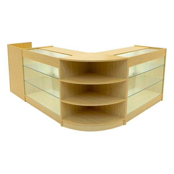 Astro LED Shop Counter Set in maple finish features glass display shelves and a modern, curved design for retail spaces