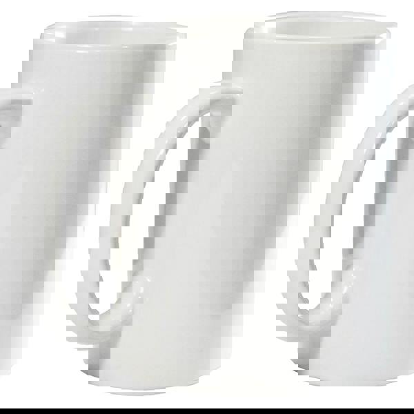 Glossy white ceramic mug with a large handle and smooth surface.