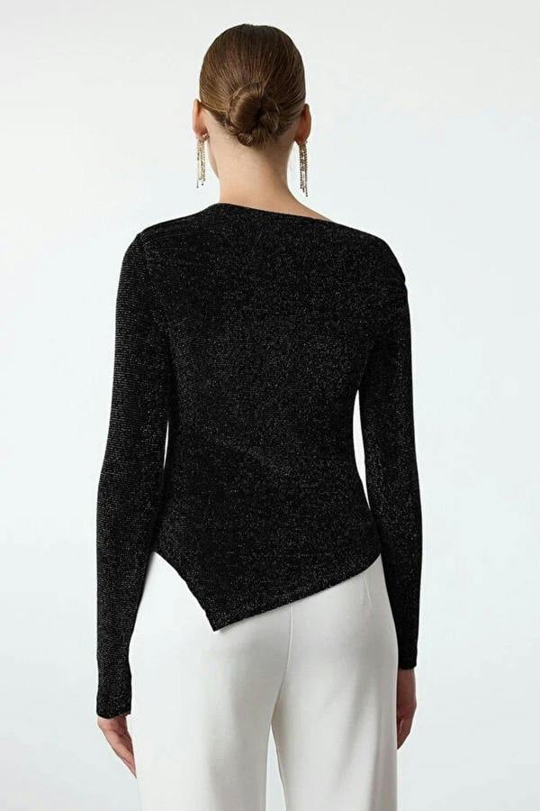 WOVCOR Asymmetrical Collar Glittery Knit Chic Party Blouse