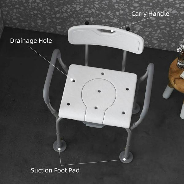 White shower stool detail: backrest carrying handle, drainage hole seat, suction feet