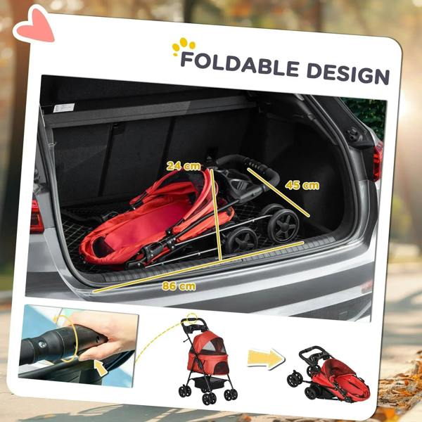Red pet stroller with open cargo area and foldable design on four wheels