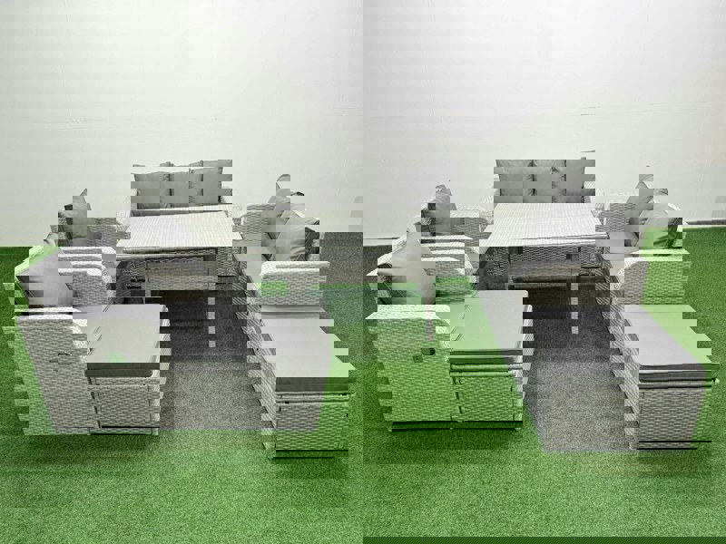 Fimous Light Grey PE Rattan Outdoor Lounge Set - Reclining Chair, Double Loveseat, Rectangular Dining Table & 2 Big Footstools