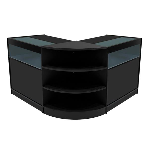 Theseus LED shop counter set in sleek black, featuring curved design, glass display tops, and multiple shelves for storage