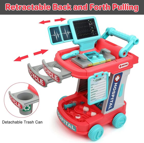 deAO Toys 22Pcs Educational Pretend Medical Station Set Doctor Children Role Play Trolley Set Gift for Kids age 3+