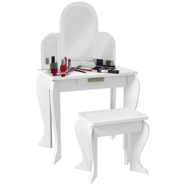White kids dressing table set with arched mirror, drawer, and matching stool
