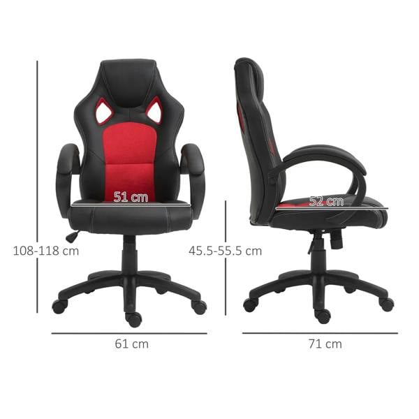Black swivel office chair with red padded center and side profile; five-star base and casters