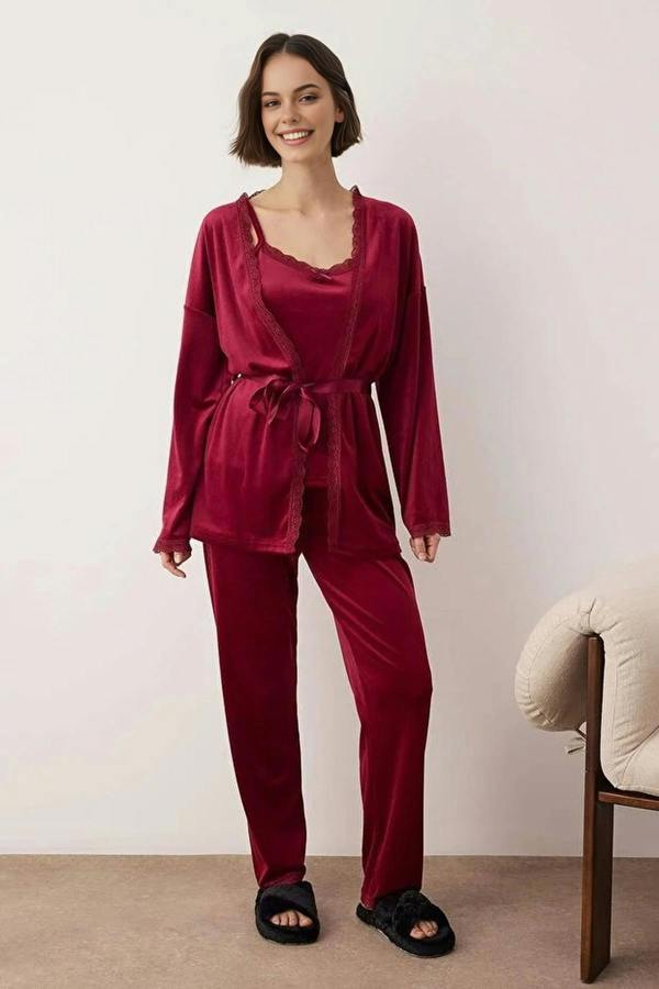 WOVCOR 3-Piece Bridal Set with Lace Details, Velvet Knitted Robe + Pajama Set