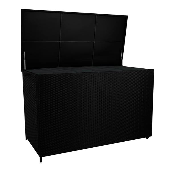 Stylish black rattan cushion storage box with a spacious interior and a hinged lid, perfect for outdoor or indoor organization