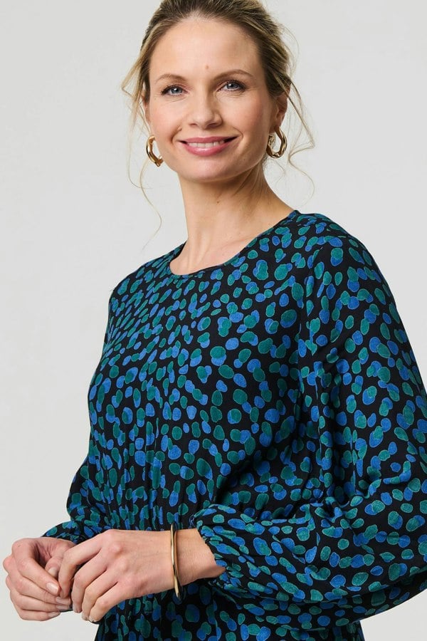 Green | Printed Flare Sleeve Ruffled Midi Dress
