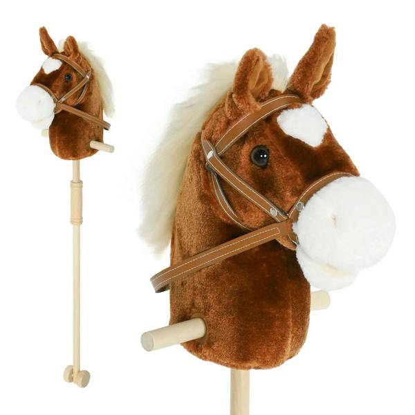Brown plush pony stick horse toy with wooden handle and wheels, saddle harness detail