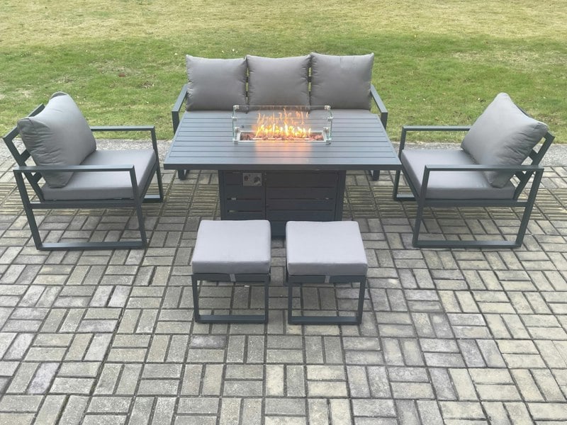 Fimous Aluminium Outdoor Garden Furniture Set Gas Fire Pit Dining Table Set Gas Heater Burner with 2 Arm Chair 2 Small Footstools Dark Grey 7 Seater
