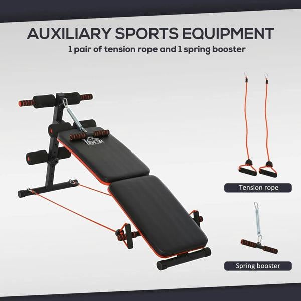 Black sit-up bench with tension rope attachment and spring booster accessory