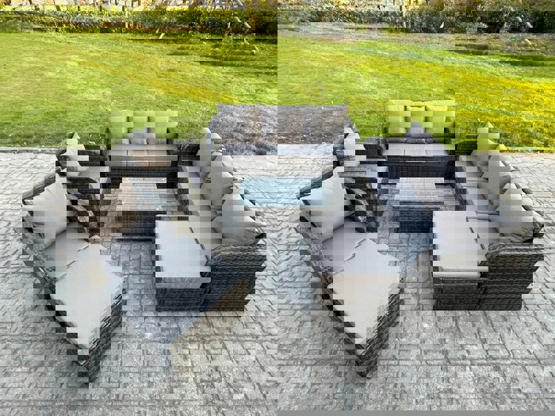 Fimous Wicker PE Rattan Garden Furniture Set 10 Seater Outdoor Lounge Sofa Set with Coffee Table 2 Big Footstool Dark Grey Mixed