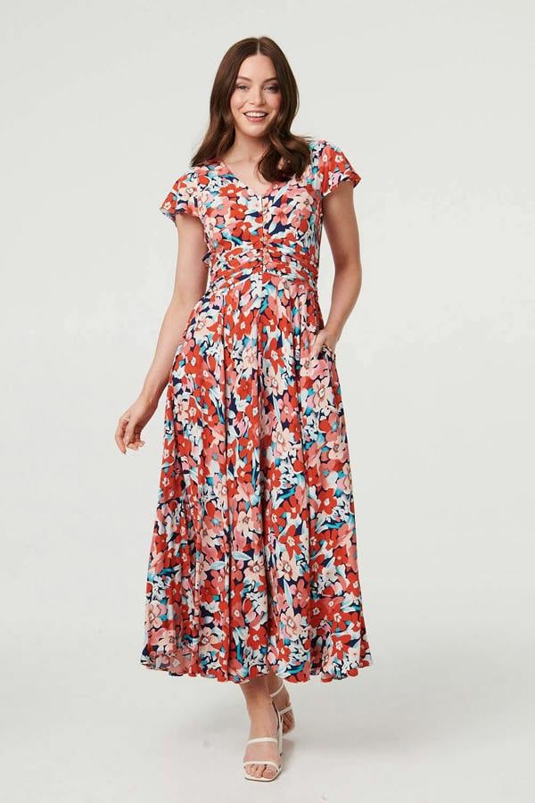 Orange | Ruched Tie Back Cap Sleeve Maxi Dress