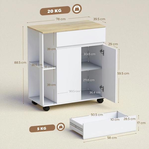 HOMCOM Kitchen Storage Trolley Cart with Drawer and Shelves, White