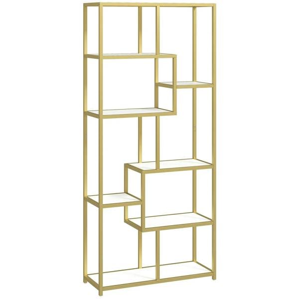 Seven-tier geometric bookcase with open shelves, white panels and gold-tone frame