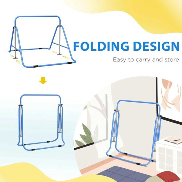 Blue folding kids gymnastic bar shown in compact and upright positions
