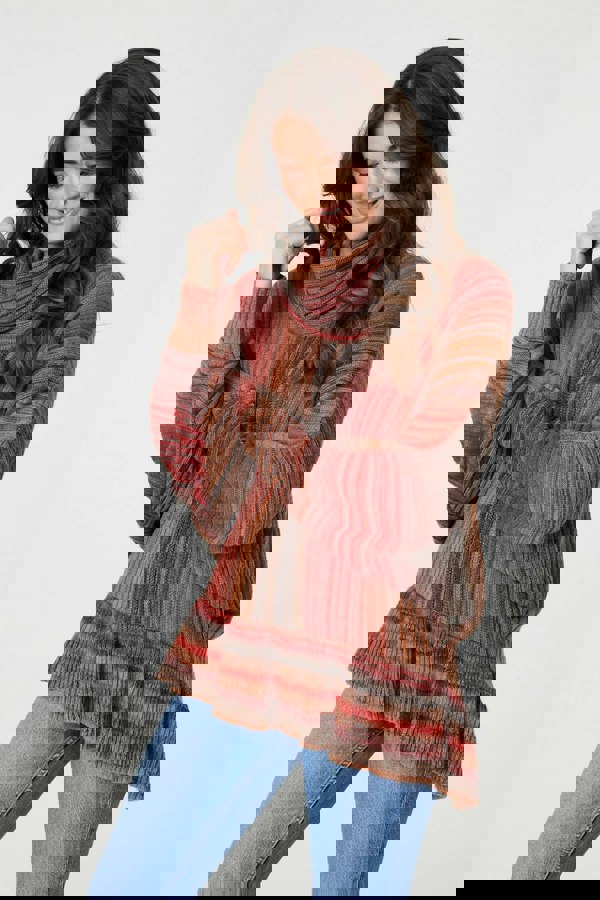 Orange | Striped Oversized Frill Roll Neck Jumper
