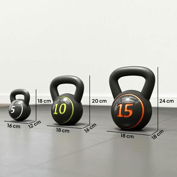 Three-piece kettlebell set with size measurements for 5, 10, and 15 lb kettlebells