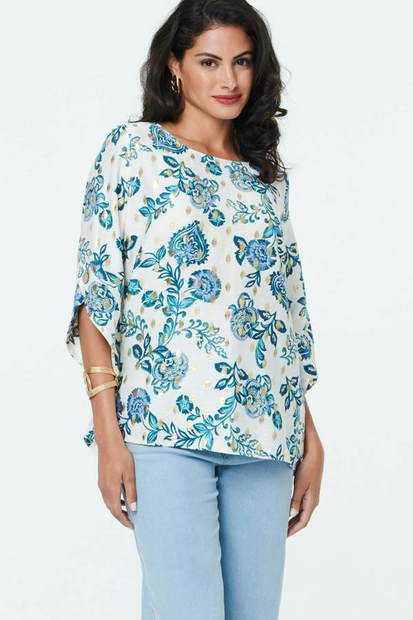 Blue | Paisley Metallic Print 3/4 Sleeve Tunic