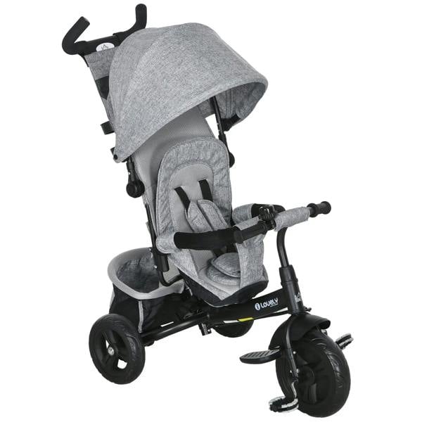 Kids trike with grey canopy, 5-point safety belt, parent handle and padded seat