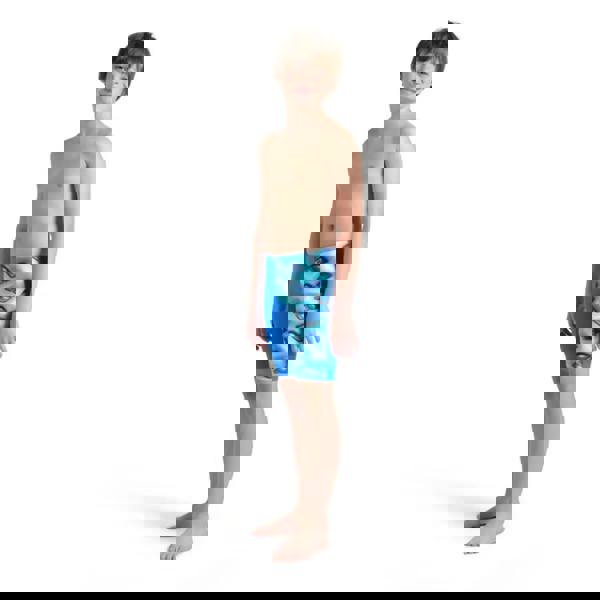 Arena Boys logo graphic swim jammer in blue river water with shark print