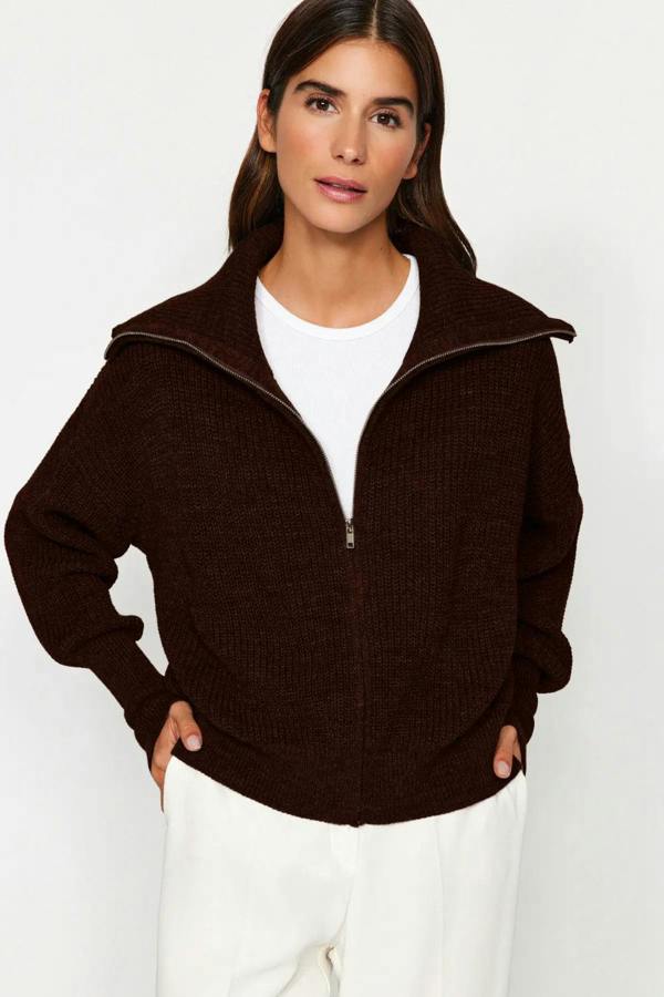Hoxton Gal Oversized Draped Collar Zip-Up Knit Cardigan
