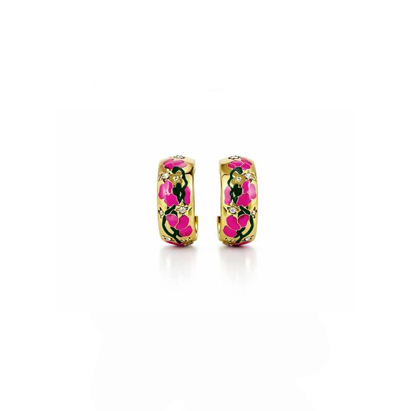 Gold hoop earrings with pink floral design on a white background
