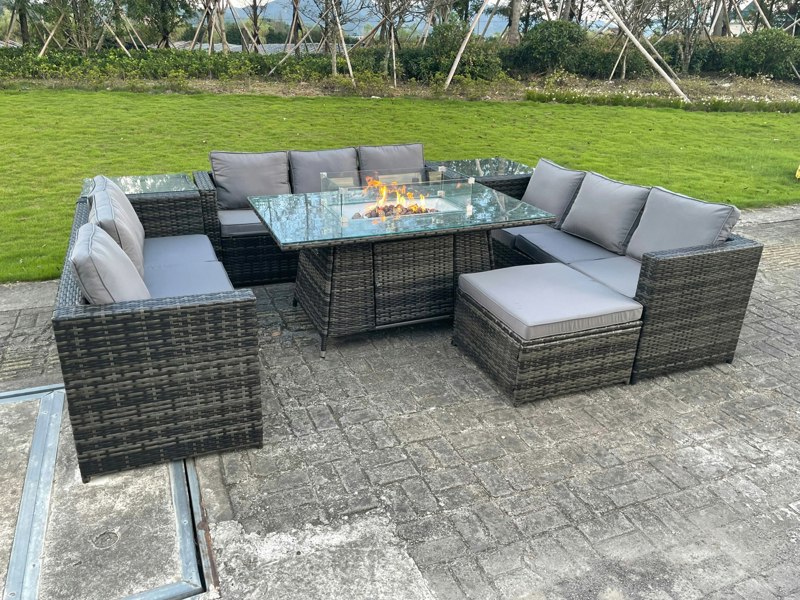 Fimous Rattan Outdoor Garden Furniture Set with Gas Fire Pit Table, 3 Sofas, 2 Side Tables, Large Footstool - 10 Seater - Dark Grey