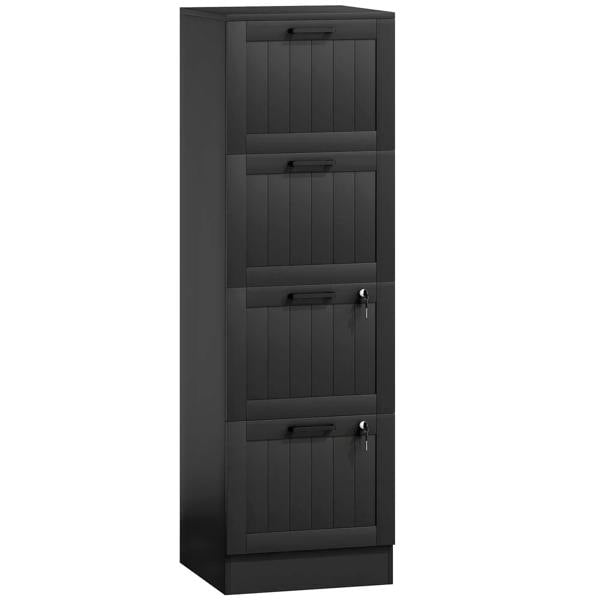 Black 4-drawer filing cabinet with lock; four front drawers and pull handles