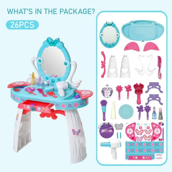 HOMCOM Kids Pretend Play Plastic Vanity Table Set - Blue