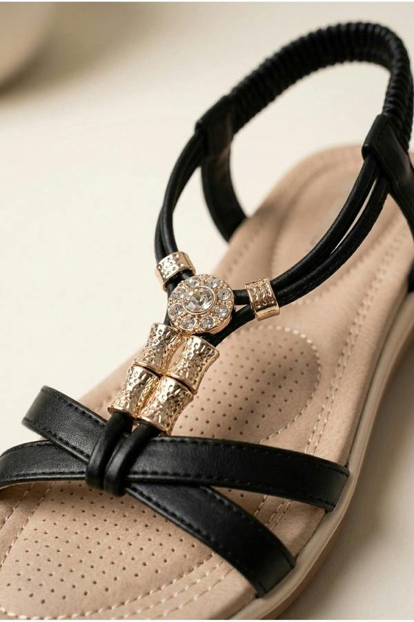 Saoirse Embellished Strappy Flat Sandals - Black