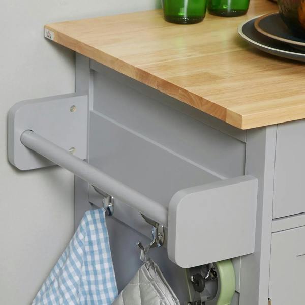Grey rolling cart side towel bar and hooks with hanging cleaning cloths.